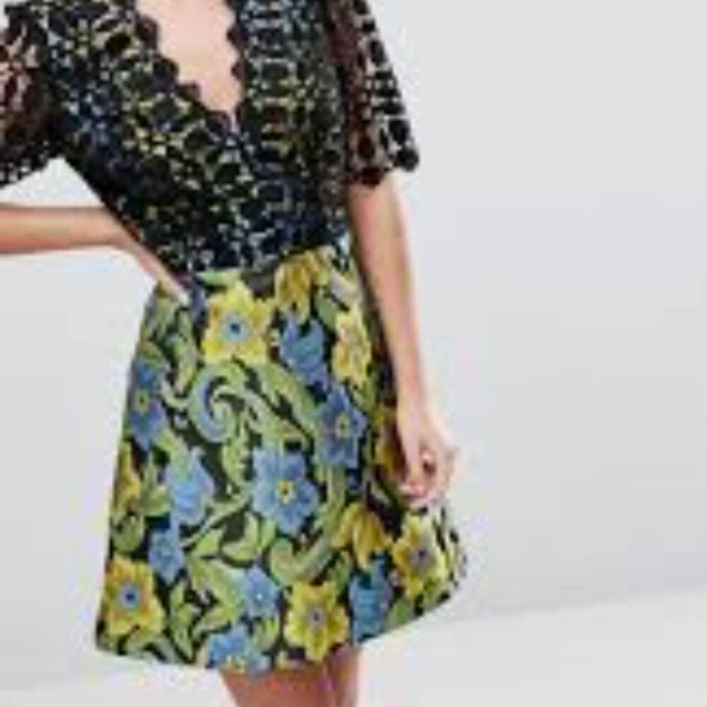 ASOS PREMIUM Lace Top Jacquard Mini Skater Dress - Multi / US 14